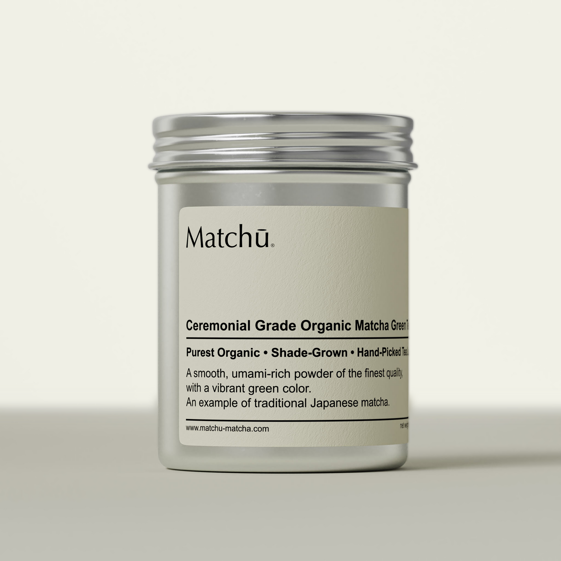 Matchu ceremonial grade organic matcha green tea container on a white background