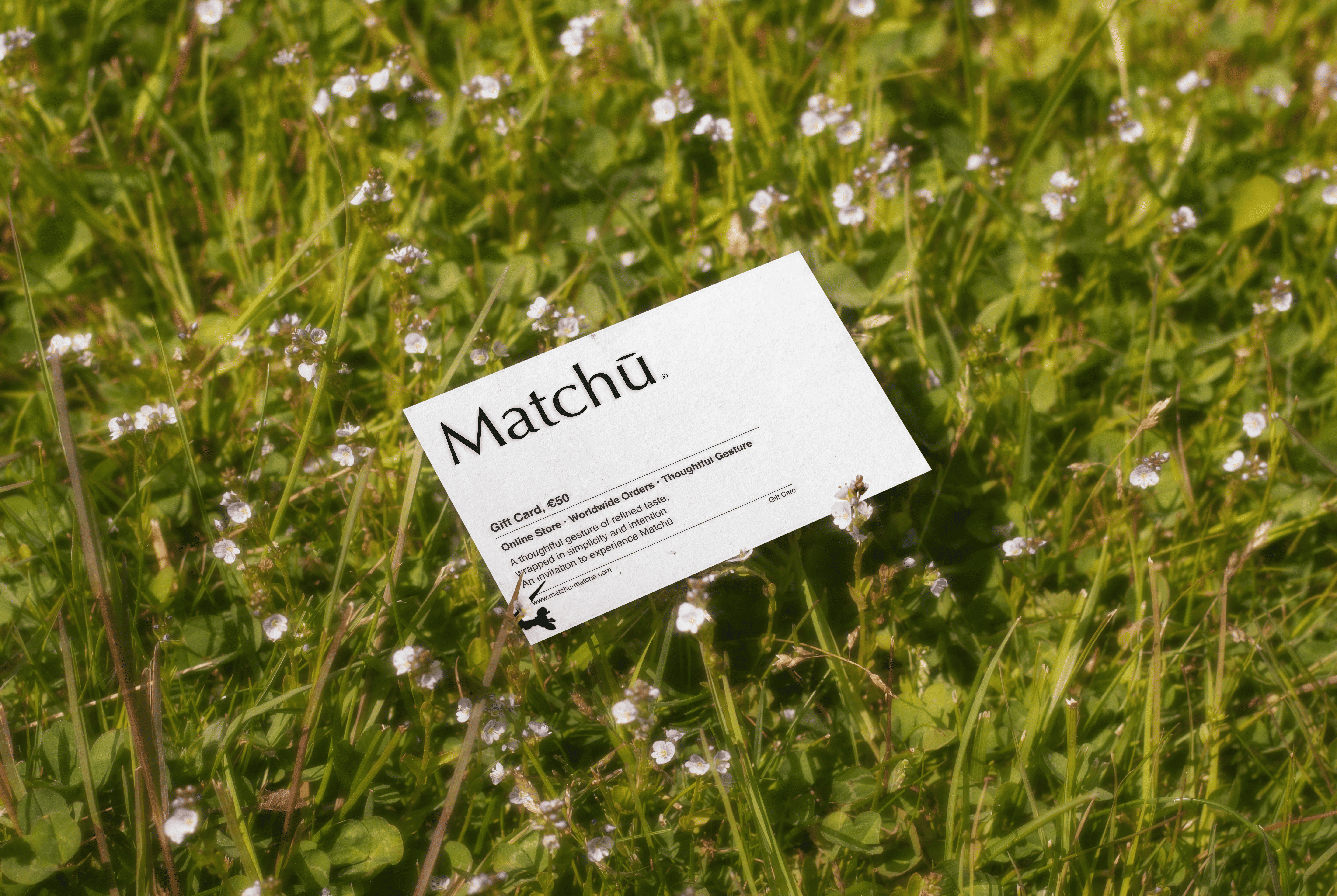photo showing a Matchu Matcha Gift Card laying in green grass.