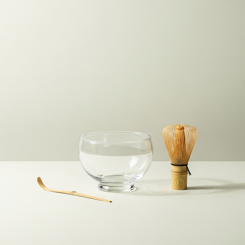 Matchu Matcha Kit Clear glass bowl with wooden whisk and scoop on a light background