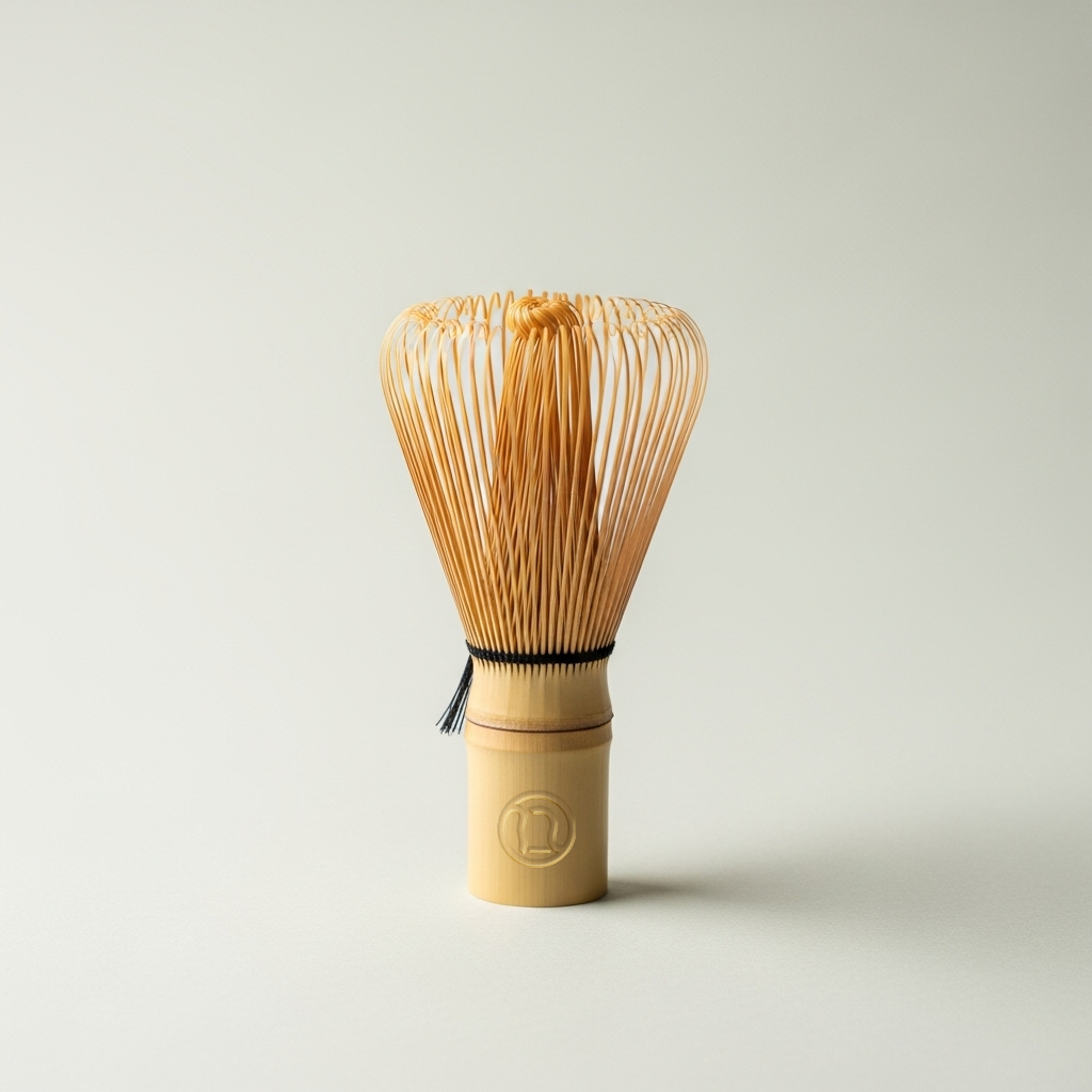 Matchu Matcha Bamboo whisk on a light beige background, with engraved logo. 