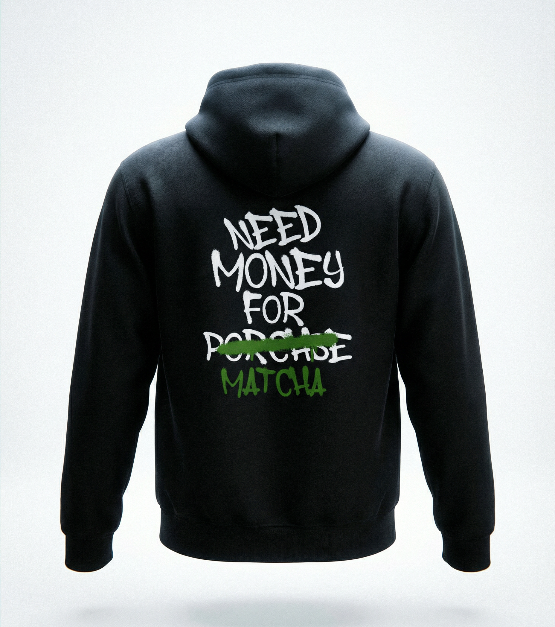 Black hoodie with text on the back against a white background